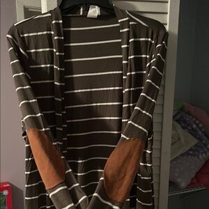 Long Olive and White Striped Cardigan